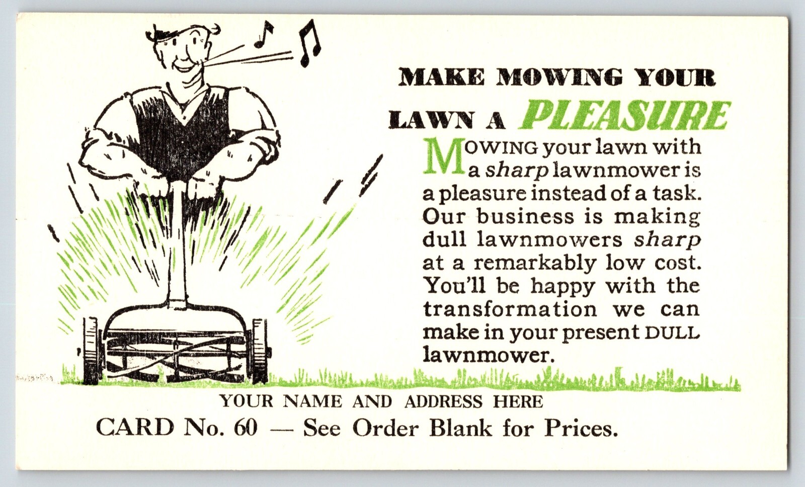 Make Mowing Your Lawn A Pleasure Salesman Sample Display Trade Card