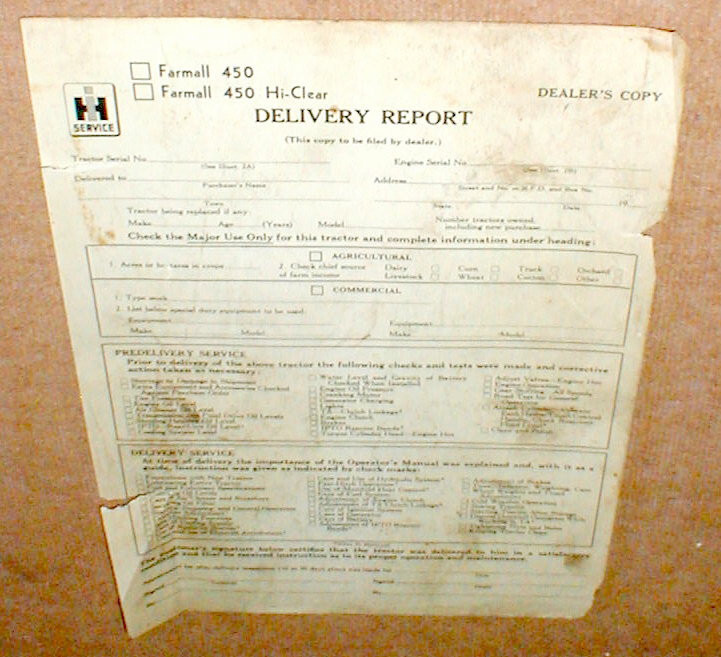 Farmall 450 + 450 Hi-Clear Tractor Blank Delivery Report Dealer&rsquo;s Copy