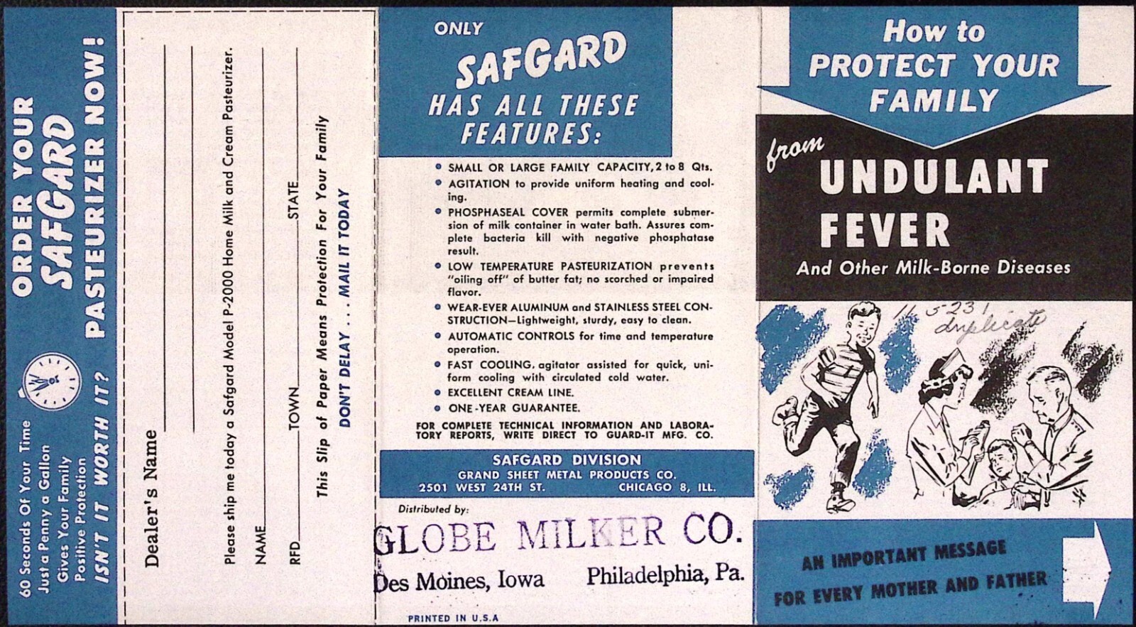 Safguard Home Mils & Cream Pasteurizer Model P-2000 Brochure Globe Milker Co