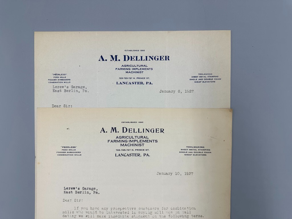 1927 LANCASTER PA Dellinger FARM IMPLEMENTS Agricultural Advertising Letters