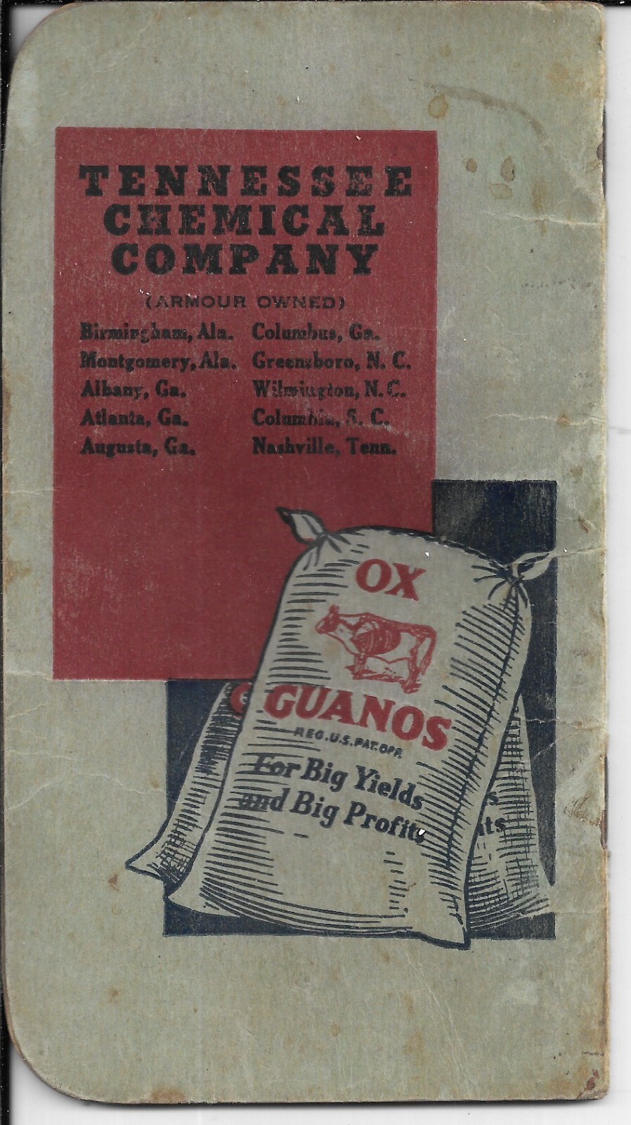 1937 OX GUANOS Notebook « For Big Yields and Big Profits » TENNESSEE CHEMICAL CO.