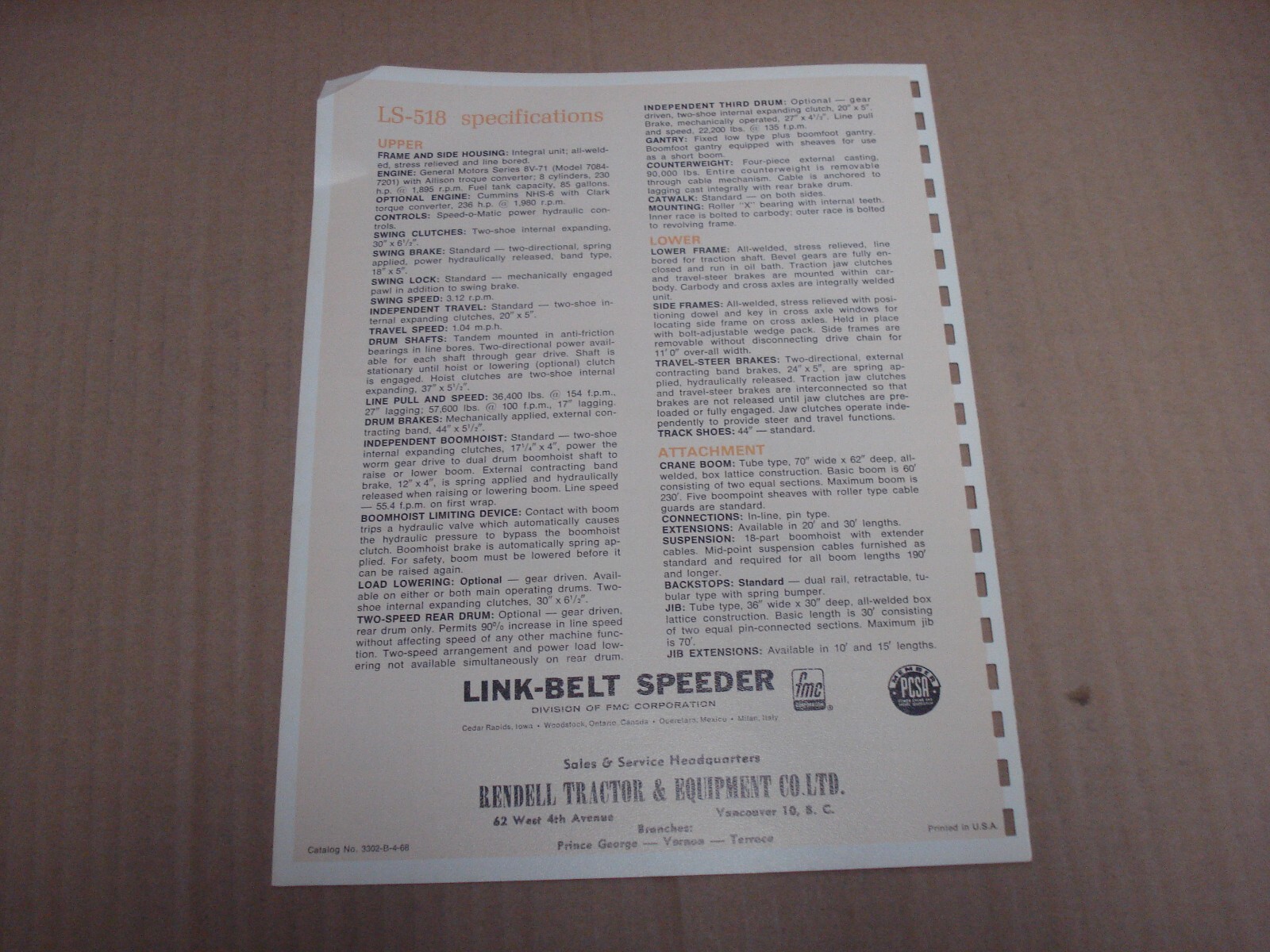 1968 Link-Belt Speeder LS-518 140 Ton Lift Crane Brochure