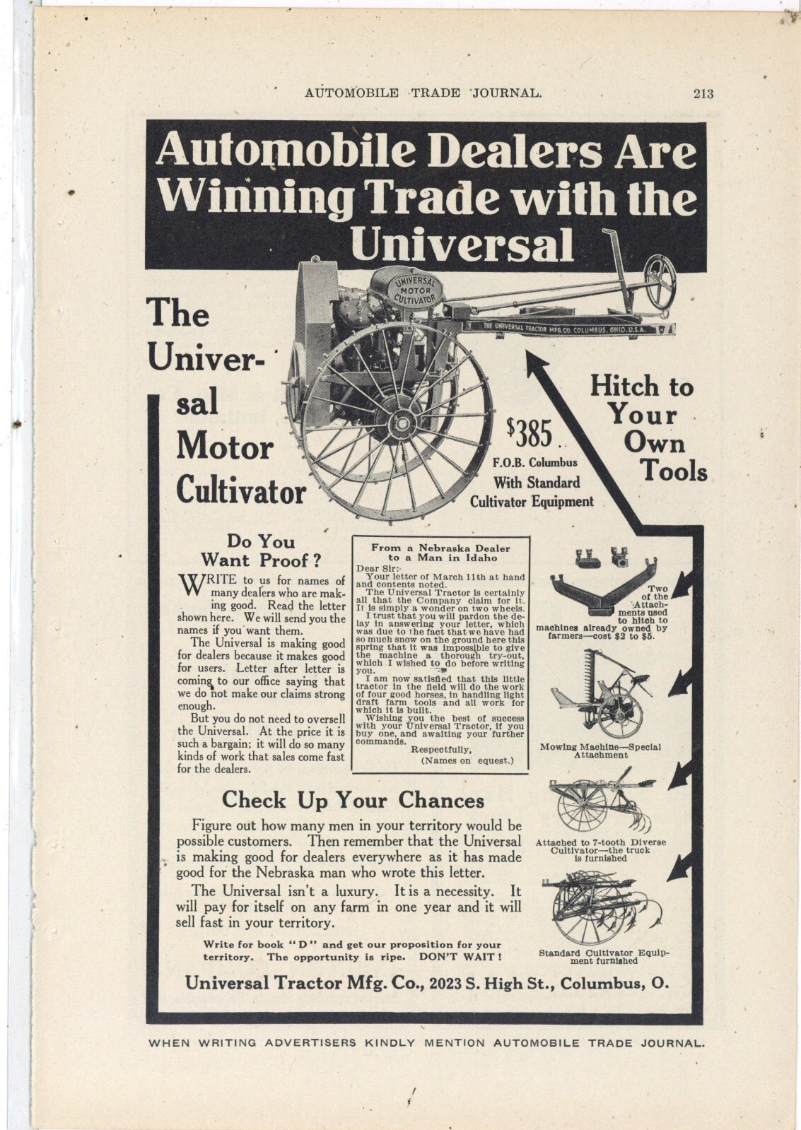 1913 Universal Tractor of Columbus OhiO Ad: Universal Motor Cultivator w/ Specs