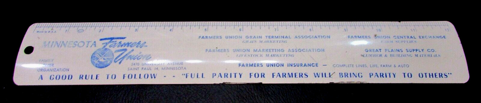 Vintage 1950&rsquo;s Minnesota Farmers Union Brand Names White Blue Metal 12&Prime; Ruler