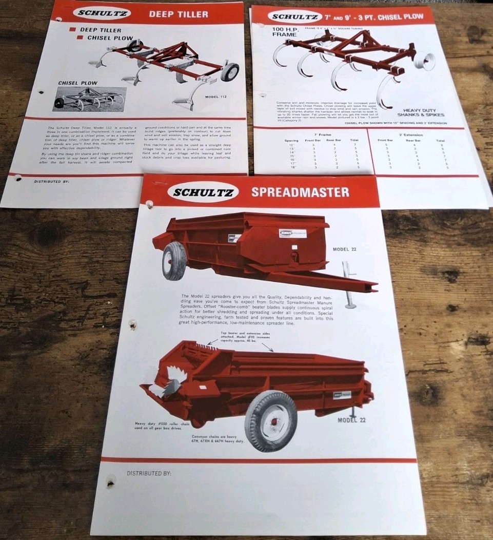 Schultz 3 Pt Chisel Plow, Deep Tiller And Spreadmaster Implement Brochures
