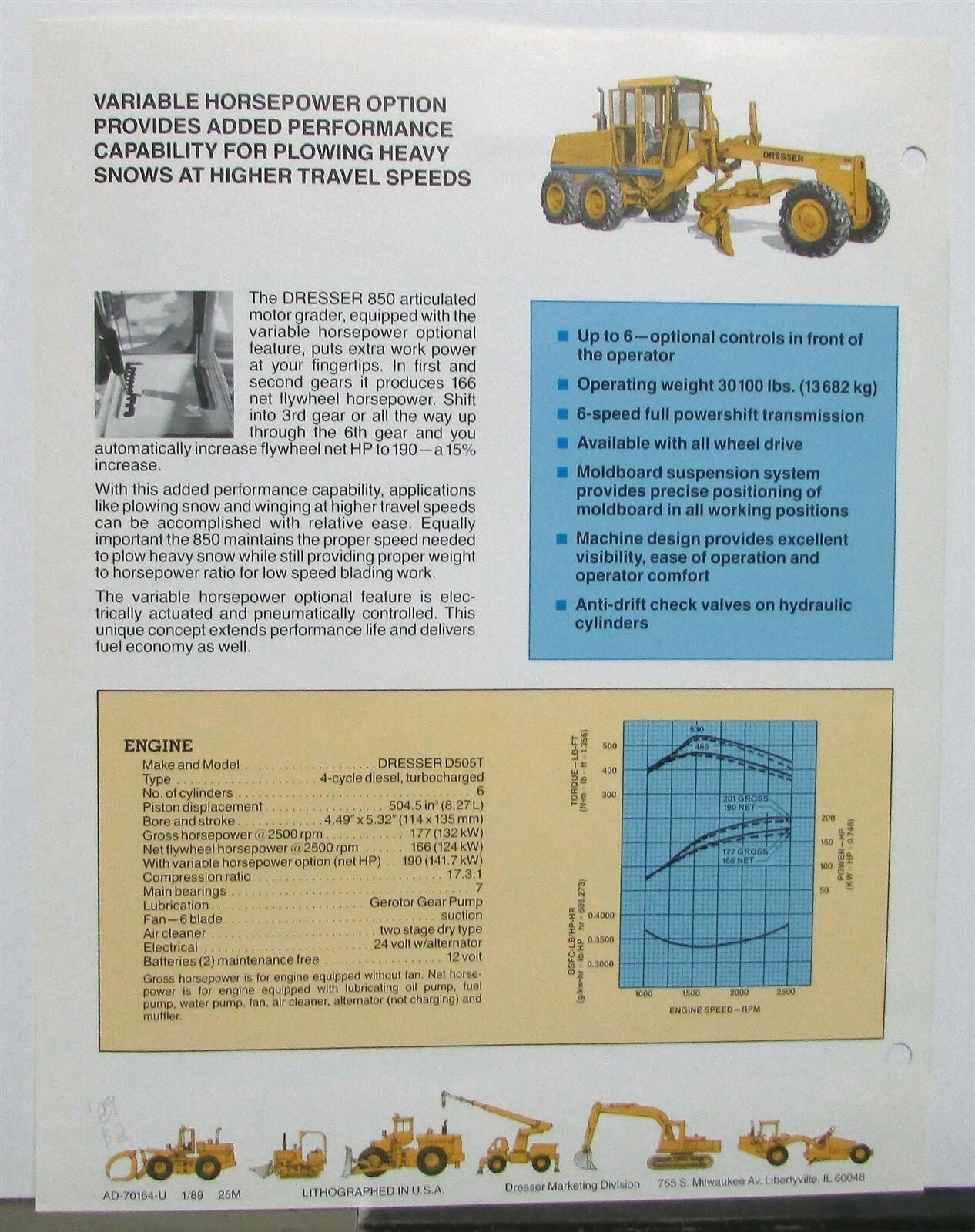 1989 Dresser 850 Road Motor Grader Specifications Construction Sales Brochure