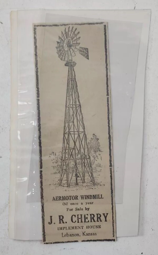 Vintage Aermotor Windmill by J.R. Cherry Newspaper Ad Clipping – Lebanon, Kansas