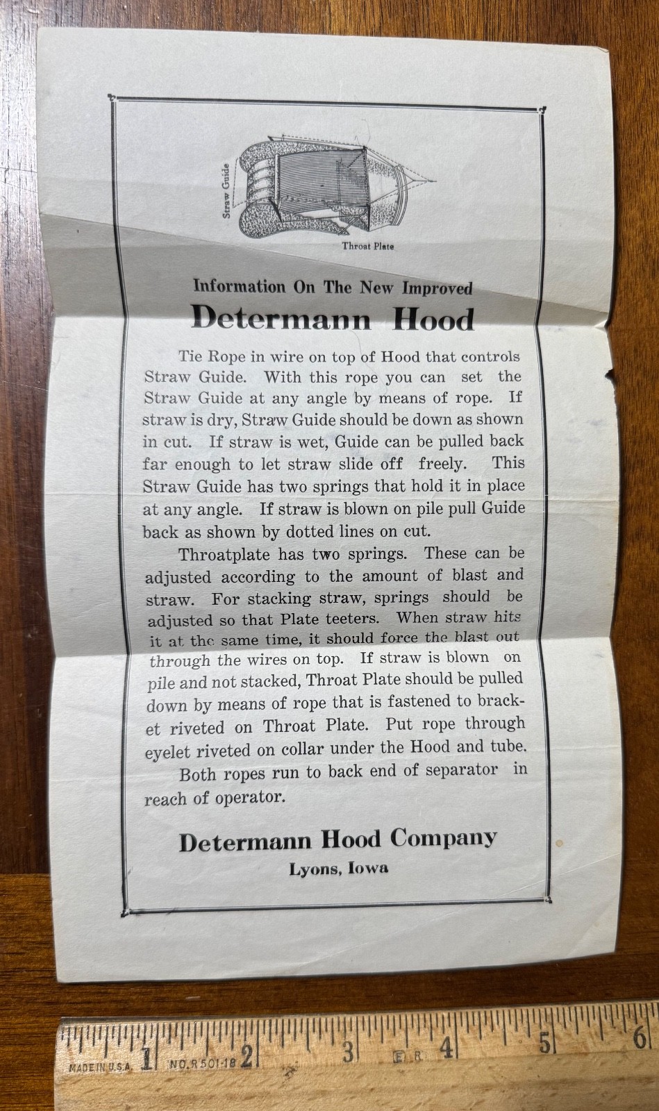 Advertising Ephemera Determann Hood Co Lyons IA Farm Straw Guide Machine Iowa