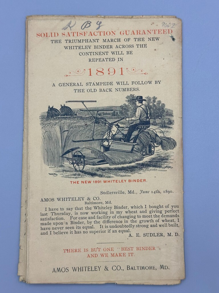 1891 Amos WHITELEY Farm HARVESTING MACHINES Mower Binder Advertising Circular