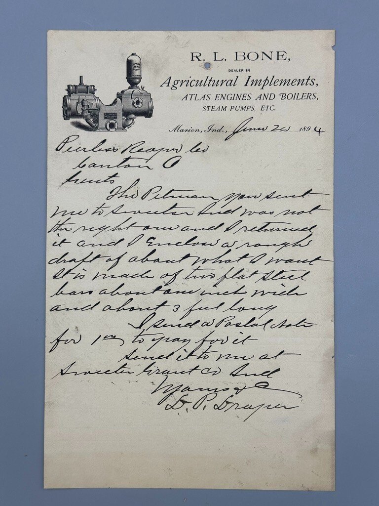 1894 ATLAS ENGINES Steam Pump MARION Indiana RL Bone FARM Advertising Letter