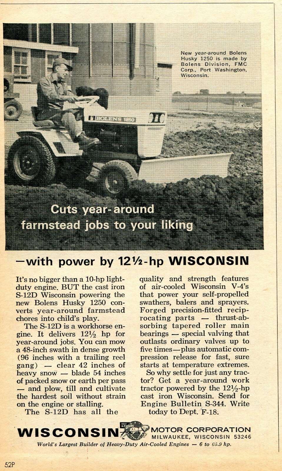 1968 small Print Ad of Wisconsin Motor Corp Bolens FMC Husky 1250 Tractor