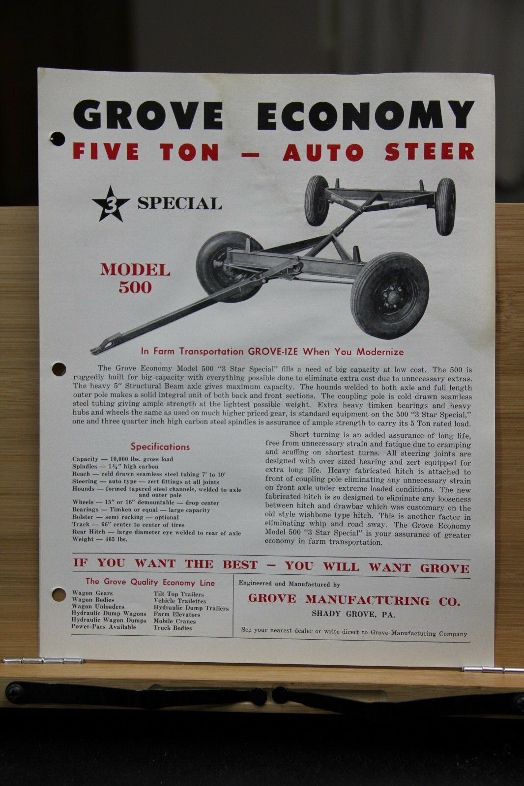 Brochure Dealer Grove Manufacturing Co Shady Grove Pennsylvania PA Auto Steer