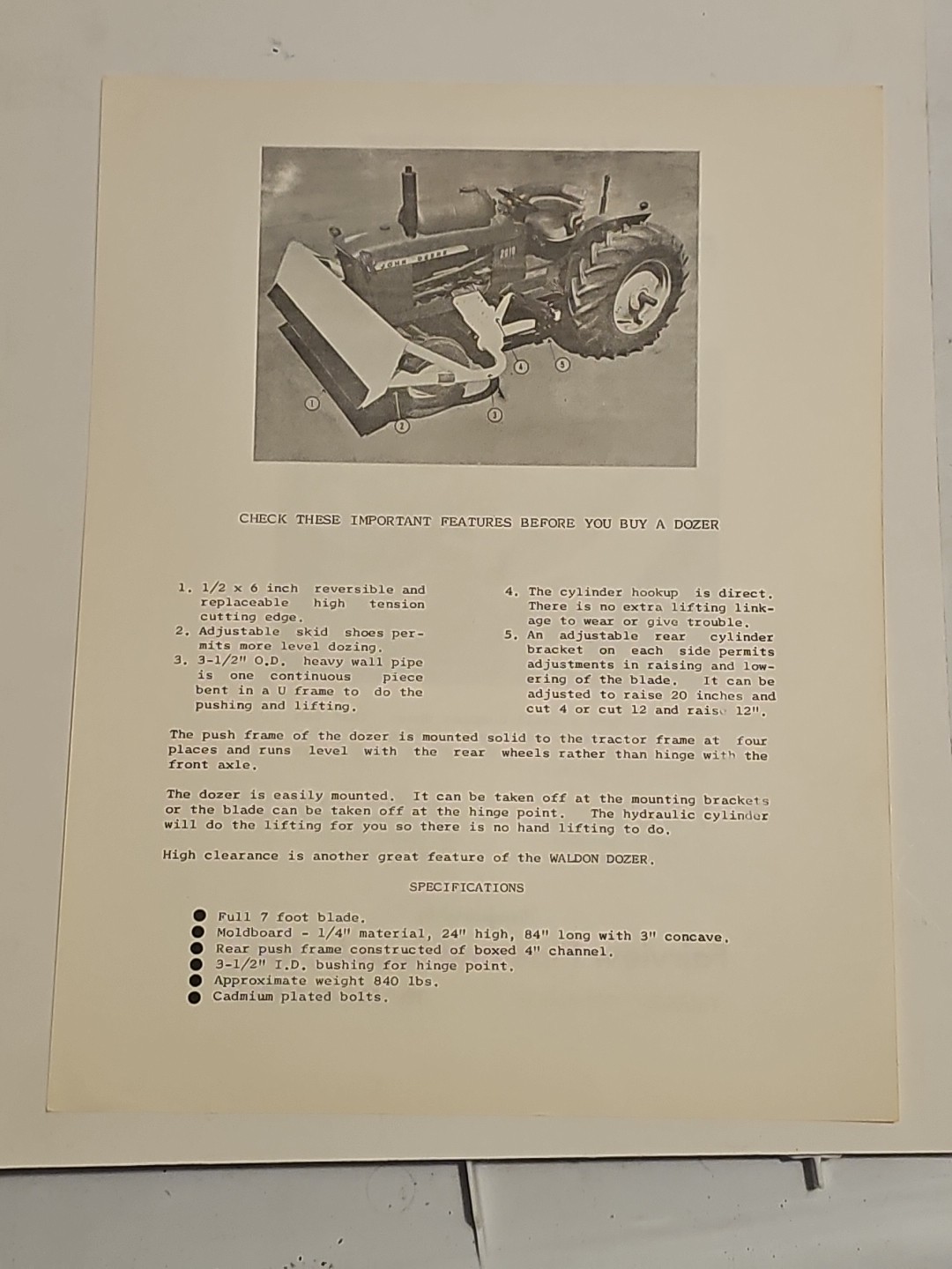 Vintage Waldon Farm Tractor Bulldozer Sales Ad Sheet