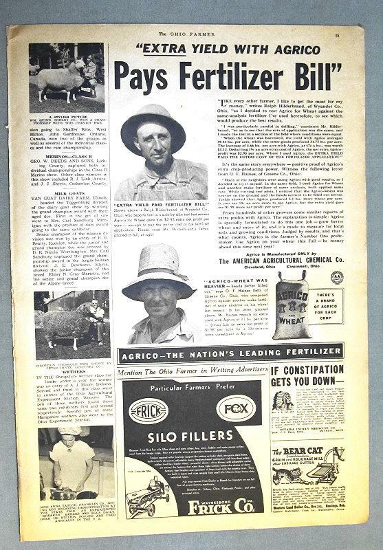 Original 1940 AGRICO Ad Features Ralph Hilderbrand, Wyandot Couty Ohio
