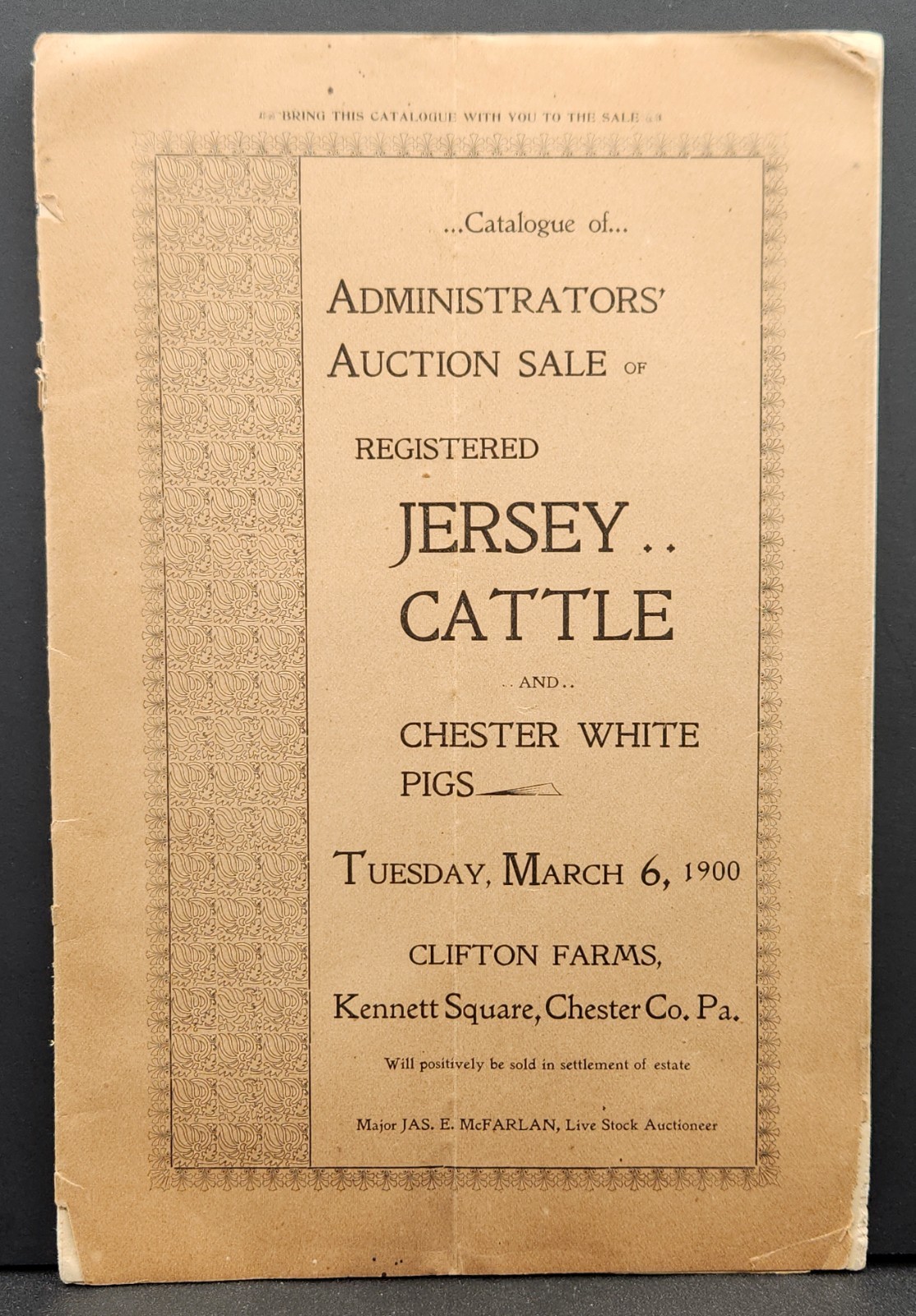 Clifton Farms Auction Catalogue Jersey Cattle & Chester Pigs Chester PA c.1900