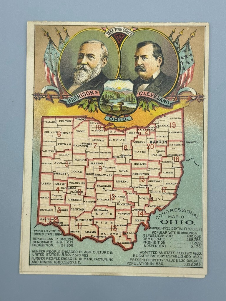 1888 BUCKEYE MOWER Farm Advertising Fold Trade Card PRESIDENT HARRISON CLEVELAND