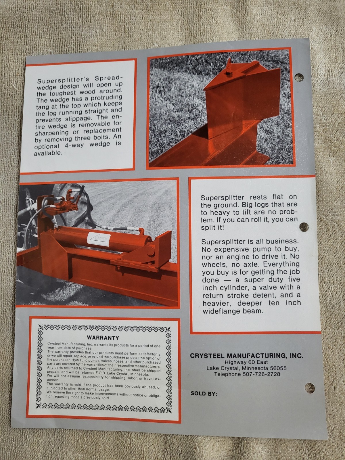 1970s Vintage CRYSTEEL Super Splitter Log Splitter BROCHURE 3-point Tractor