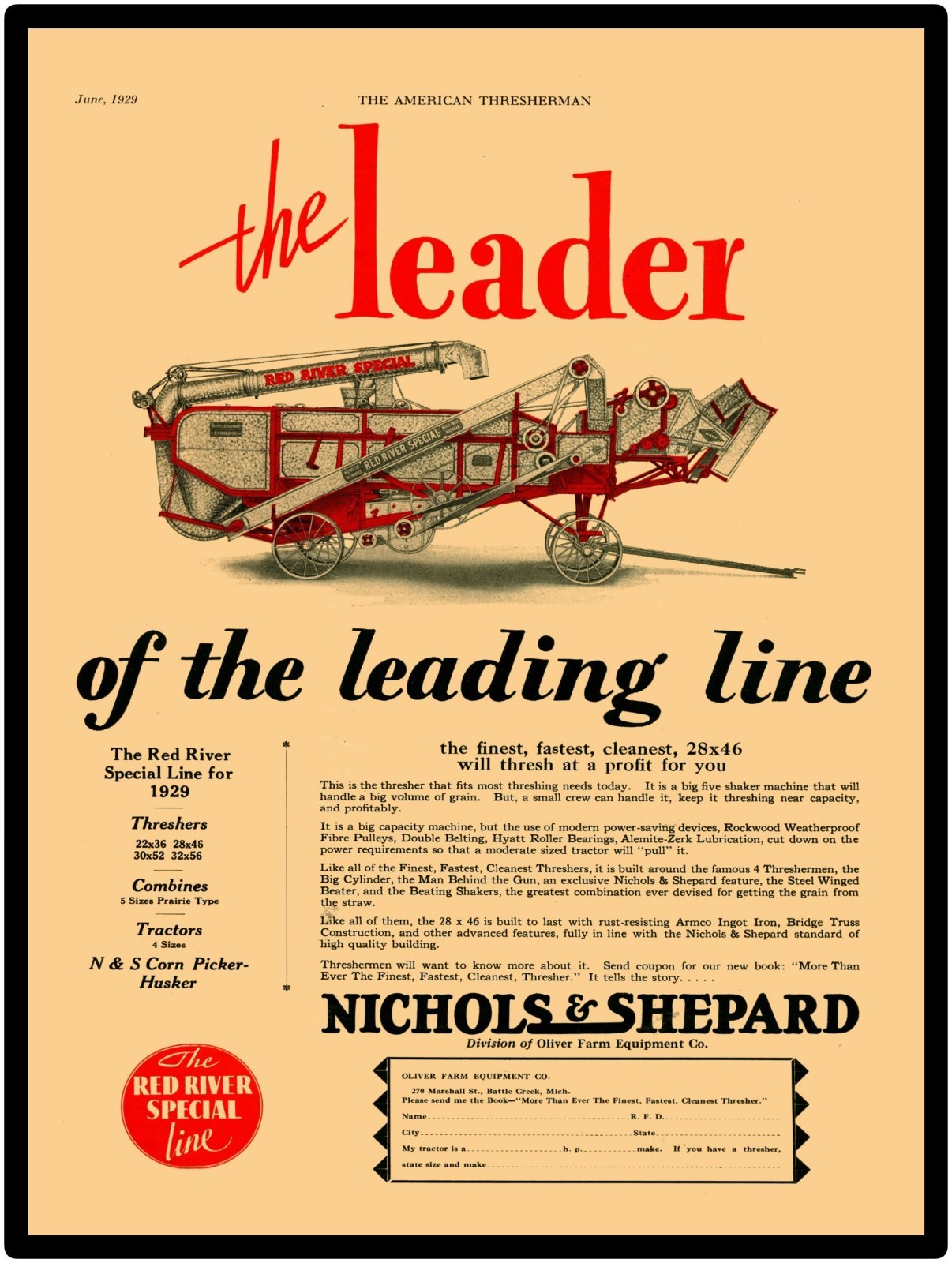1929 Nichols & Shepard 9&Prime; x 12&Prime; Repro Aluminum Sign: Red River Special Thresher