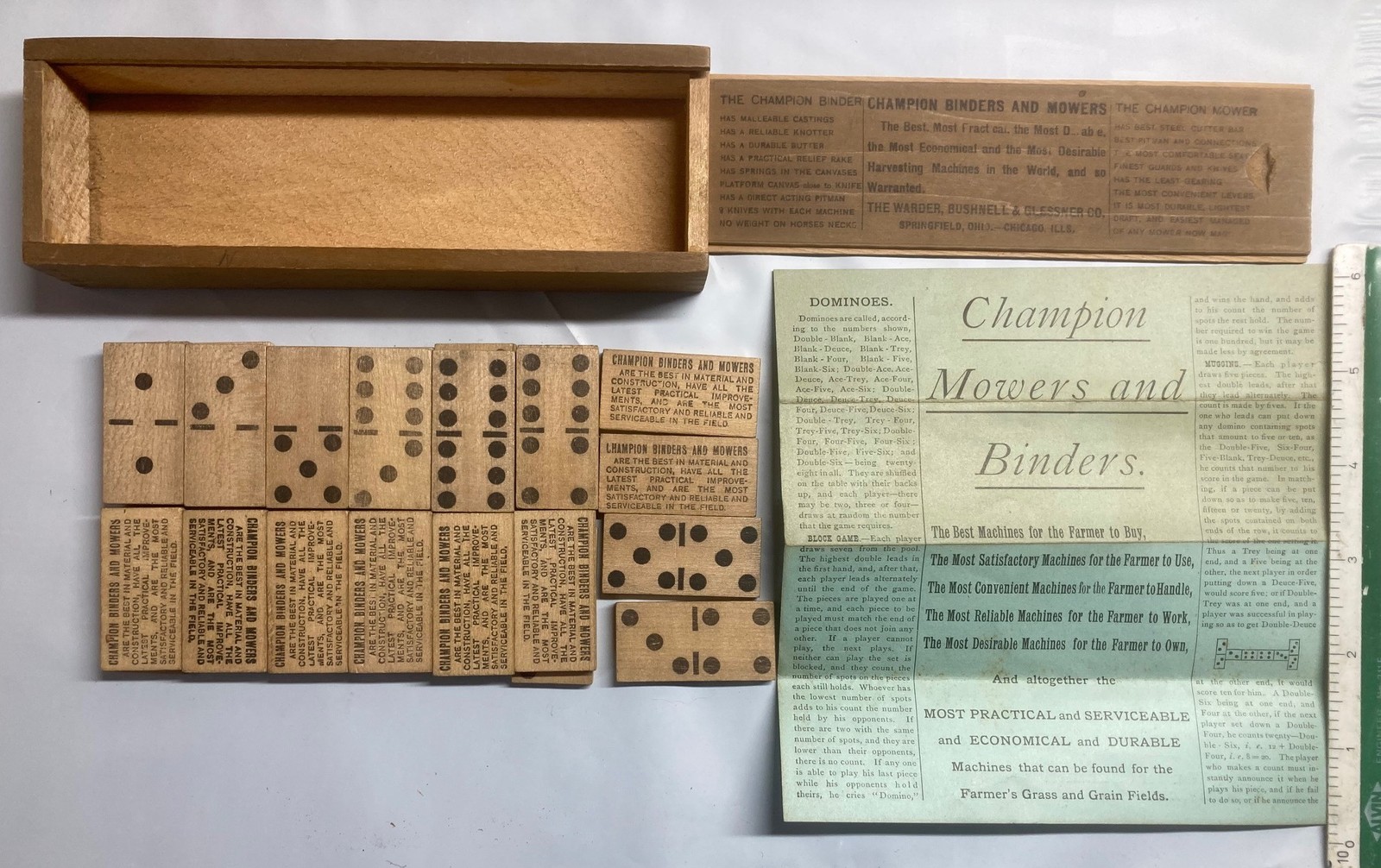 WARDER BUSHNELL & GLESSNER CHAMPION BINDER MOWER ADVERTISING PROMO DOMINOES SET