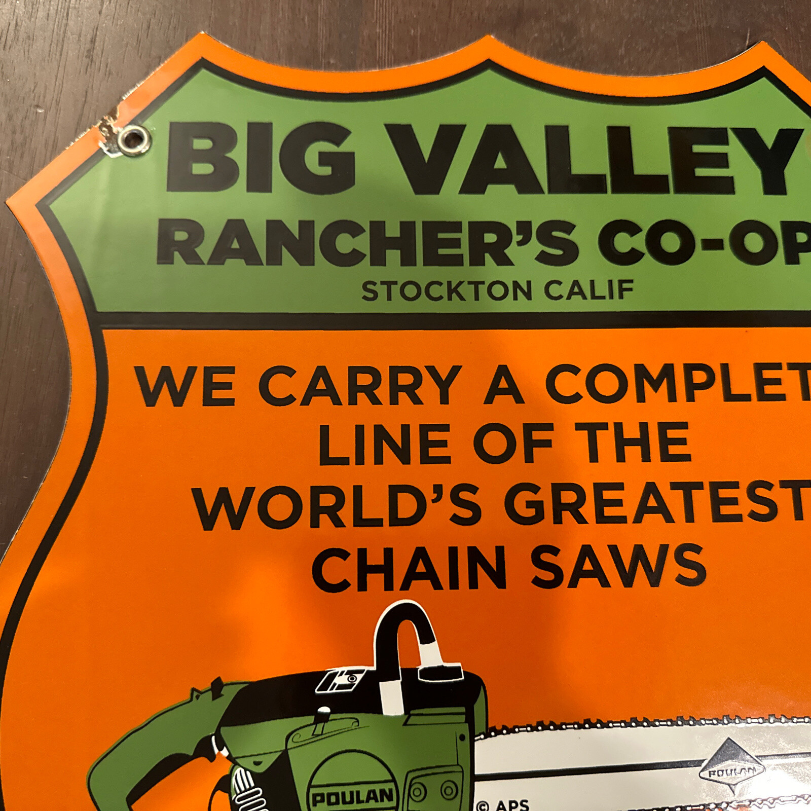 Vintage Porcelain Enamel Poulan Chainsaws Big Valley Ranchers CO-OP Stockton, CA
