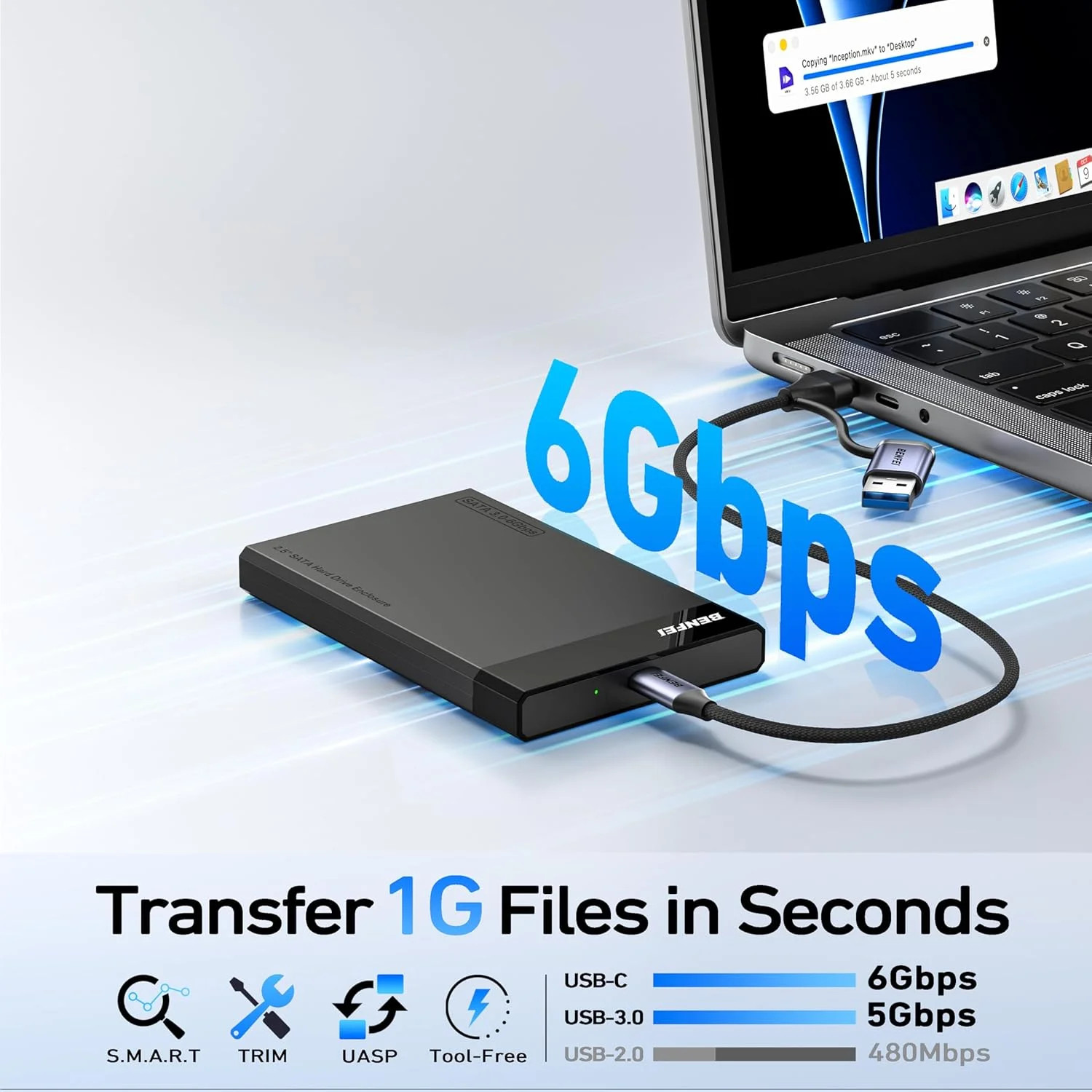 BENFEI 2.5 Inch SATA to USB Tool Free External Hard Drive Enclosure (6Gbps, Opti