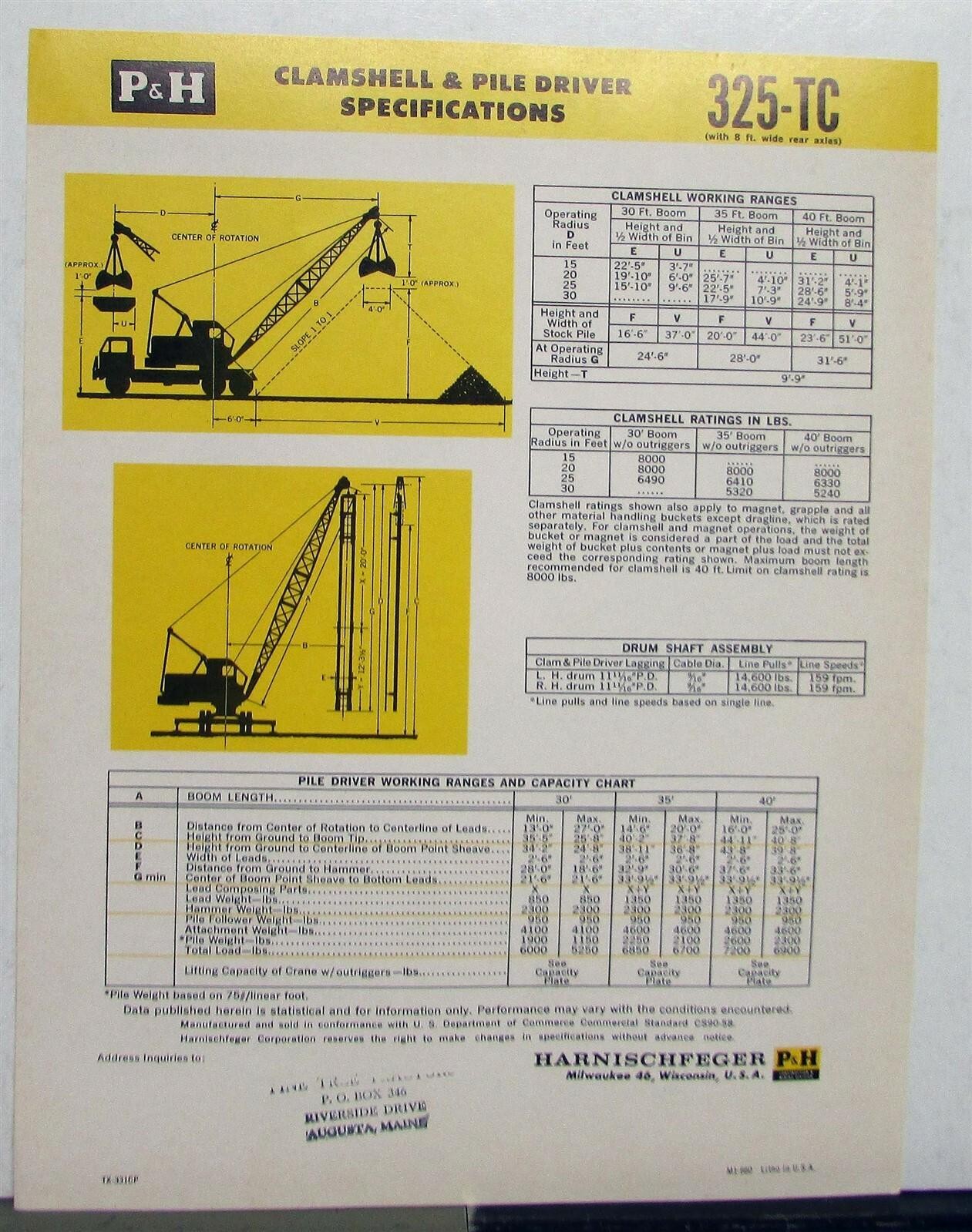 1961 P&H 325 TC Clamshell Specifications Diagrams Construction Sales Sheet