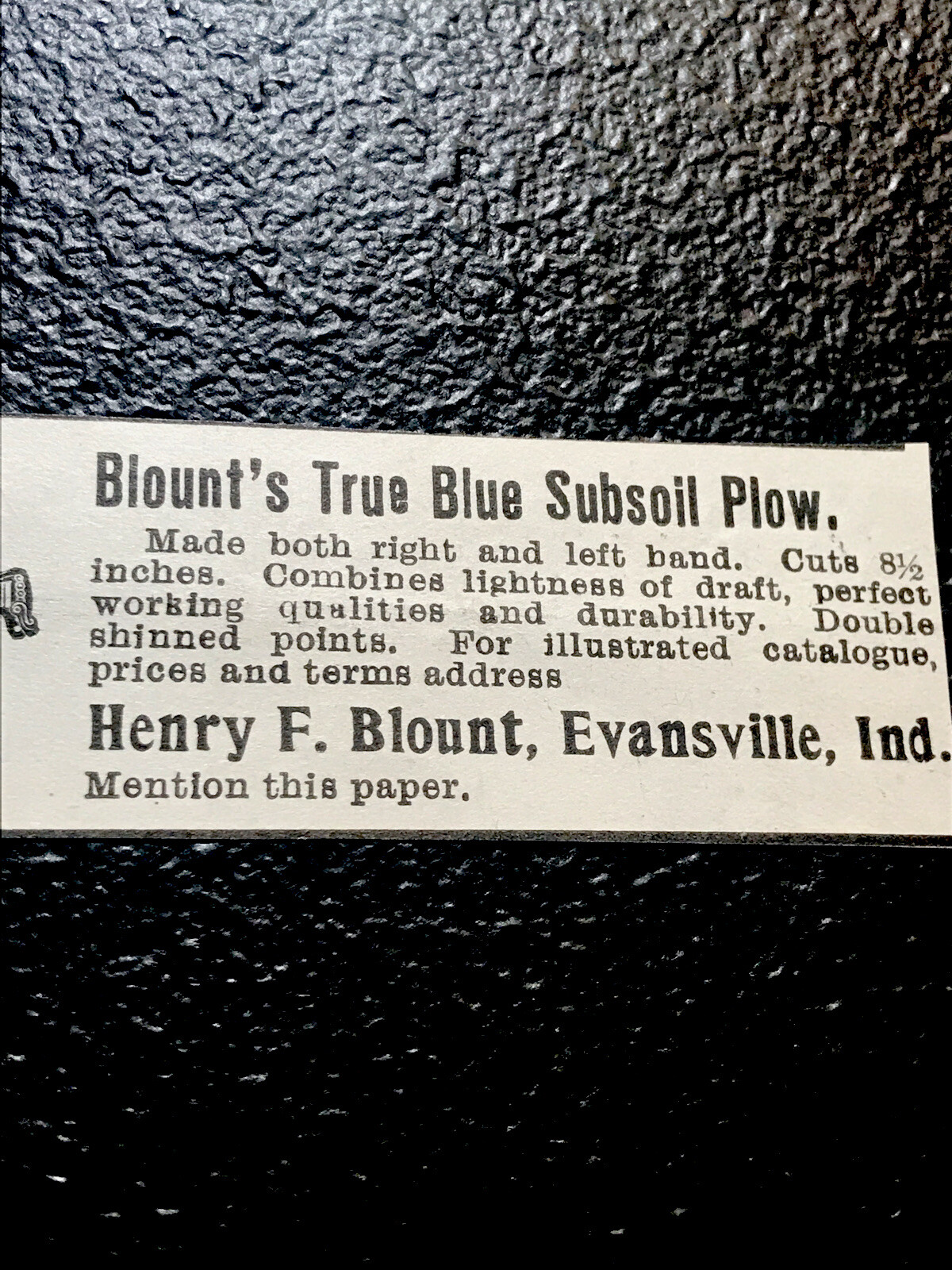ORIGINAL 1897 Henry Blount Plow Farm Advertising – Evansville – Indiana