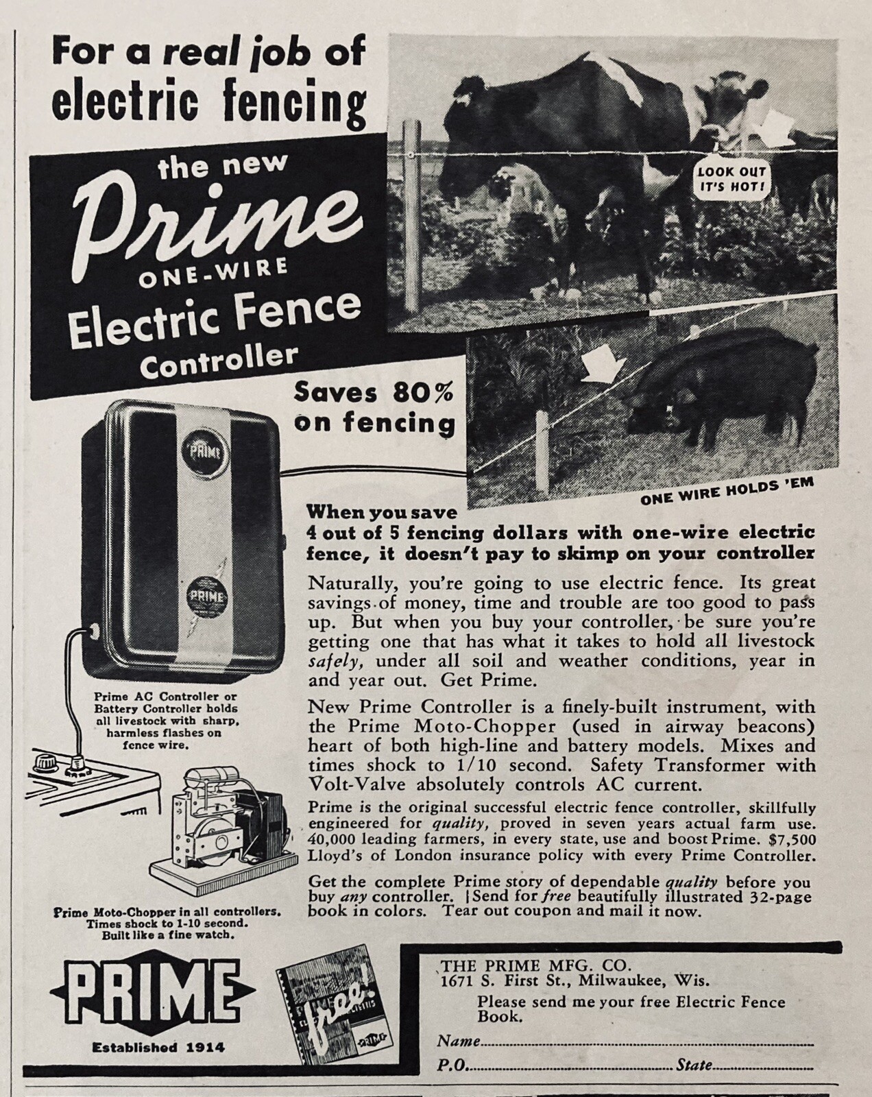 1938 AD.(XH69)~PRIME MFG. CO. MILW., WIS. PRIME ELECTRIC FENCE CONTROLLER