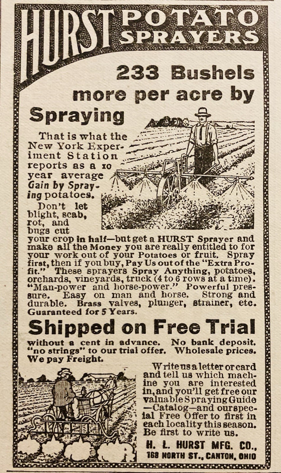 1911 AD.(PC10)~H.L. HURST MFG. CO. CANTON, OHIO. HURST POTATO SPRAYERS