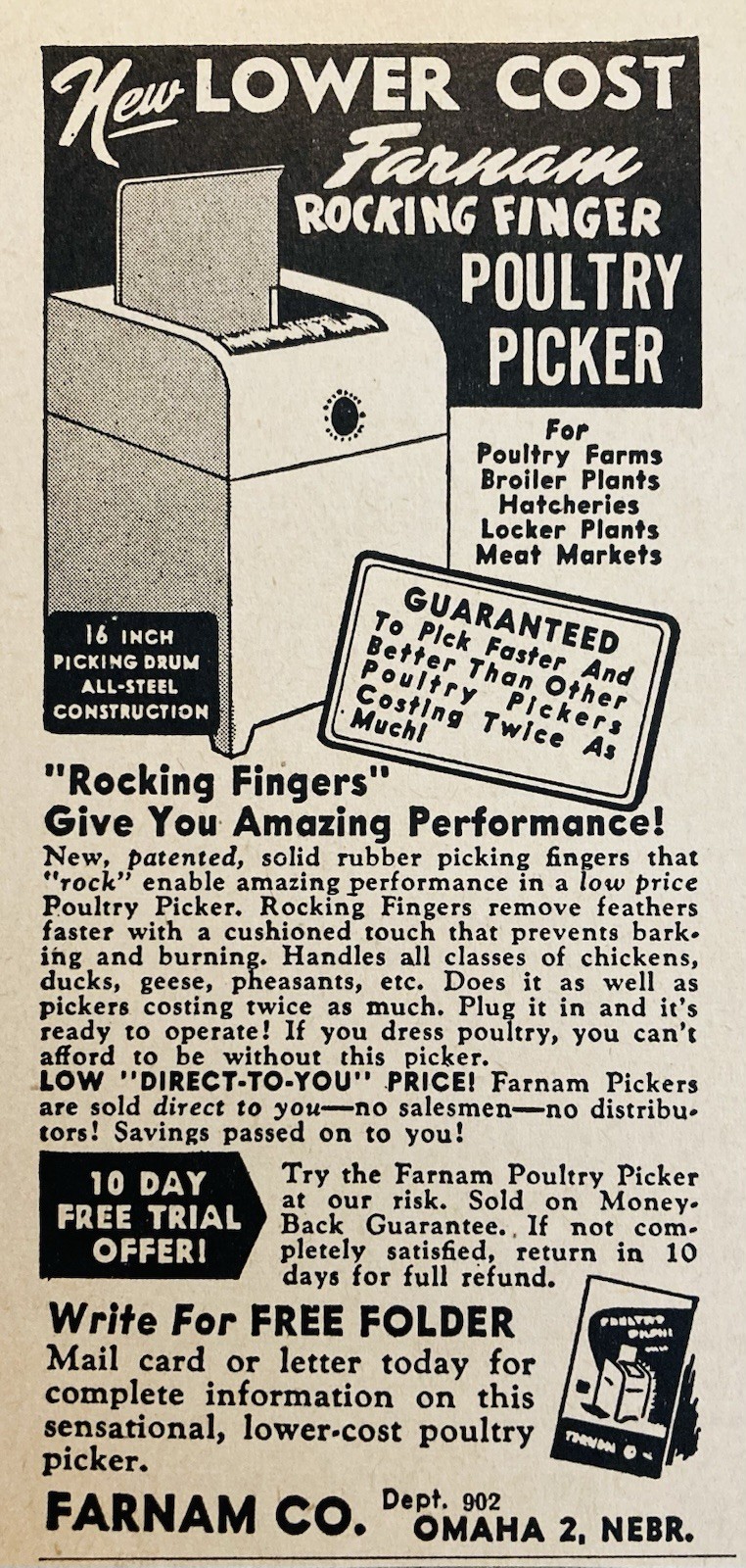 1948 AD.(XH86)~FARNAM CO. OMAHA, NEBR. “ROCKING FINGERS” POULTRY PICKER