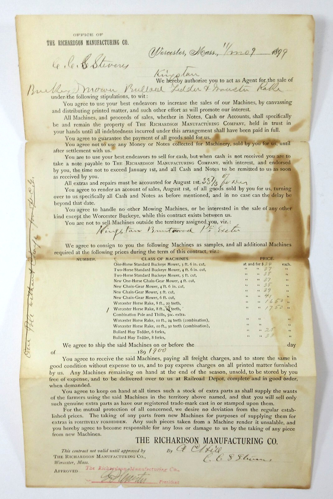 Buckeye Mower Richardson Farm Implements Salesman Agreement Territory Stock 1900