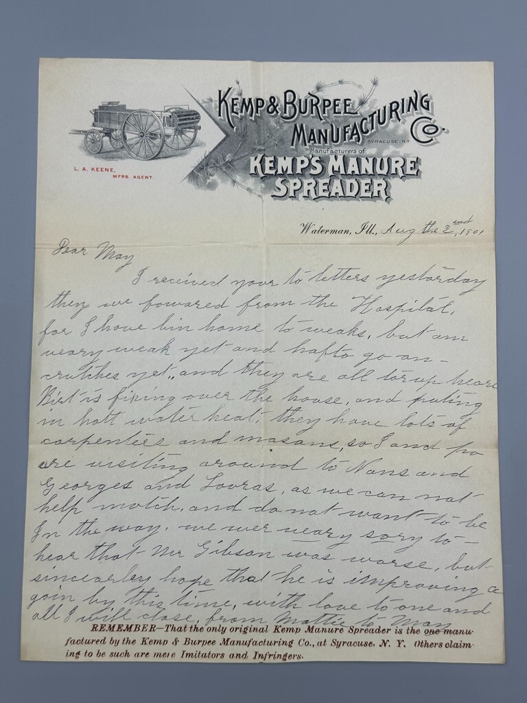 1901 KEMP & BURPEE Manure Spreader WATERMAN Illinois Letter Farm Advertising