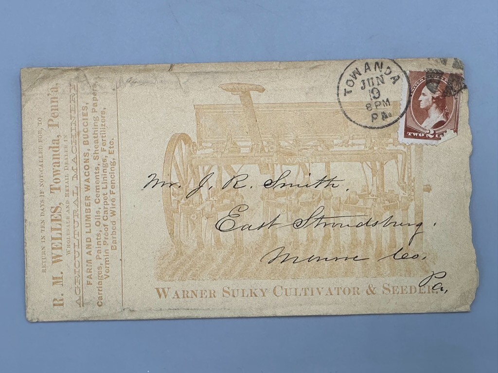 1885 WARNER CULTIVATOR Farm TOWANDA PA Postal Cover ACME WHEELBARROW Advertising