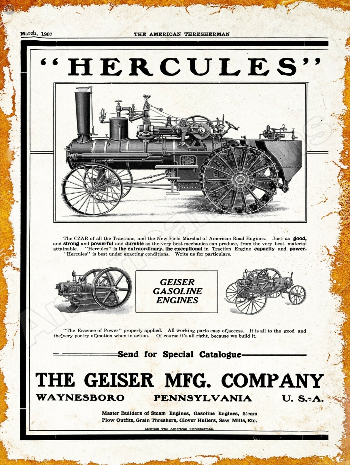 1907 Geiser Hercules Traction Engine New Metal Sign: Waynesboro, Pennsylvania
