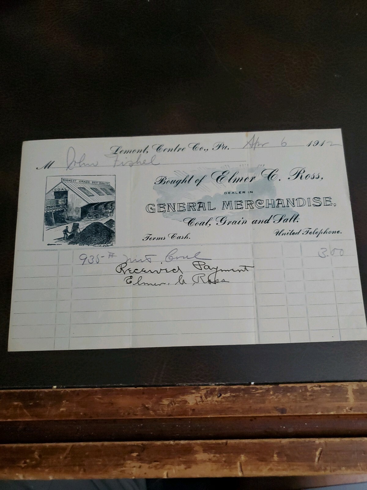 Vntg 1900s Lemont Pa Centre Co Elmer Ross General Store Recpt Coal Grain Salt