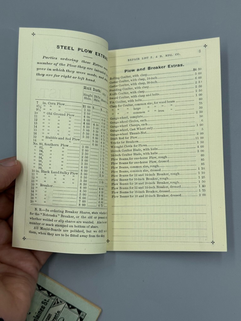 1878 FURST & BRADLEY PLOWS Pocket Catalog Repair List FARM Antique Advertising
