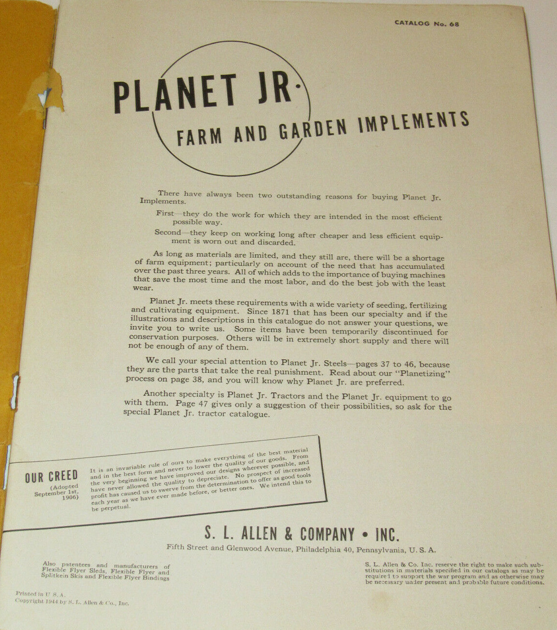 VTG 1944 PLANET JR AGRICULTURAL IMPLEMENTS CATALOG! W/PRICE LIST! SEEDERS/PLOWS+