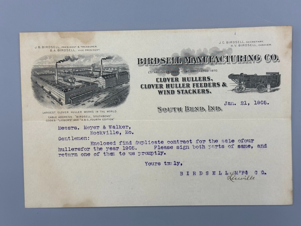 1905 BIRDSELL Clover Huller CONTRACT Letter FARM Advertising SOUTH BEND Indiana