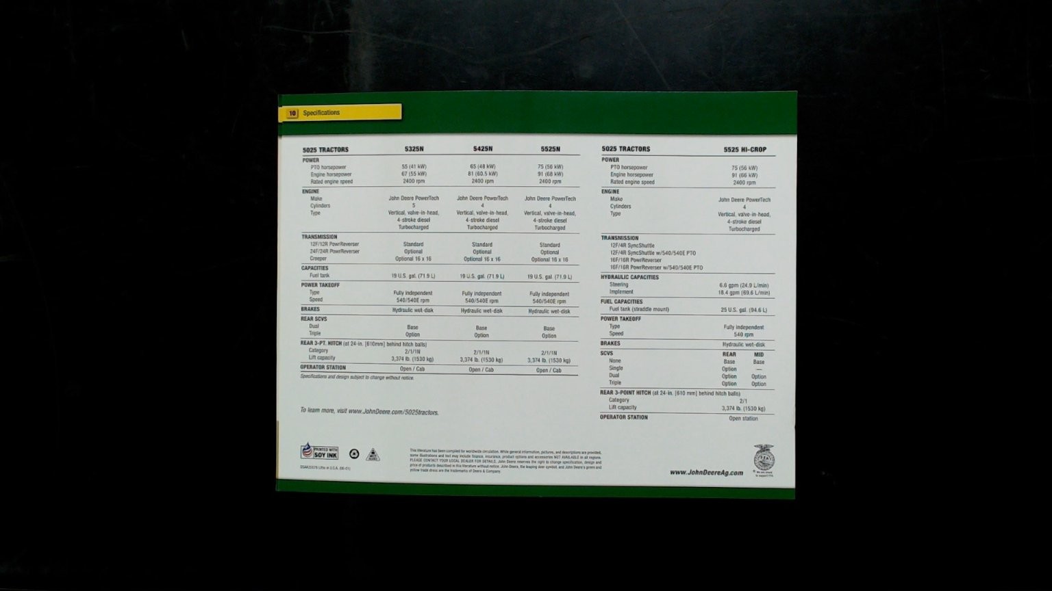 John Deere 5025 Series Specialty Tractors Vintage Brochure Green Yellow