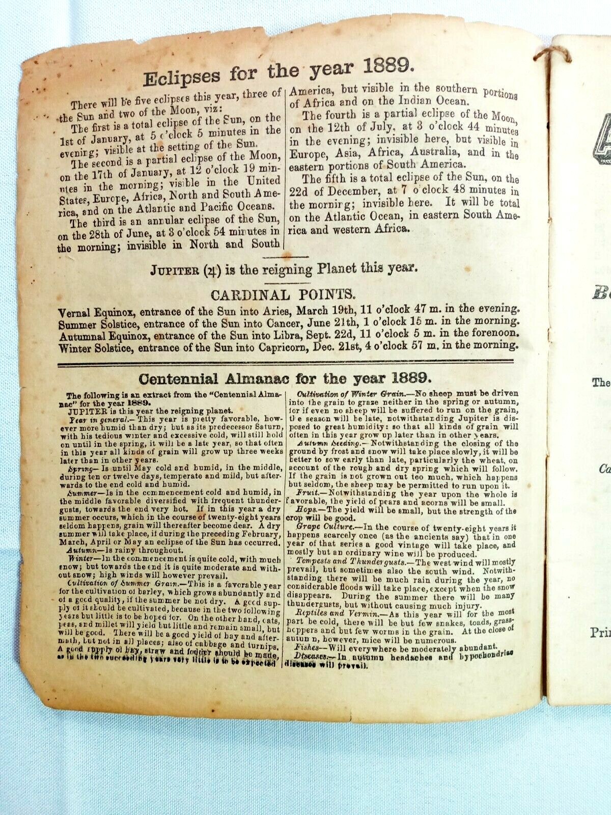 John Bear Baer&rsquo;s Agricultural Almanac Lancaster, PA Antique Farmers Vintage 1889