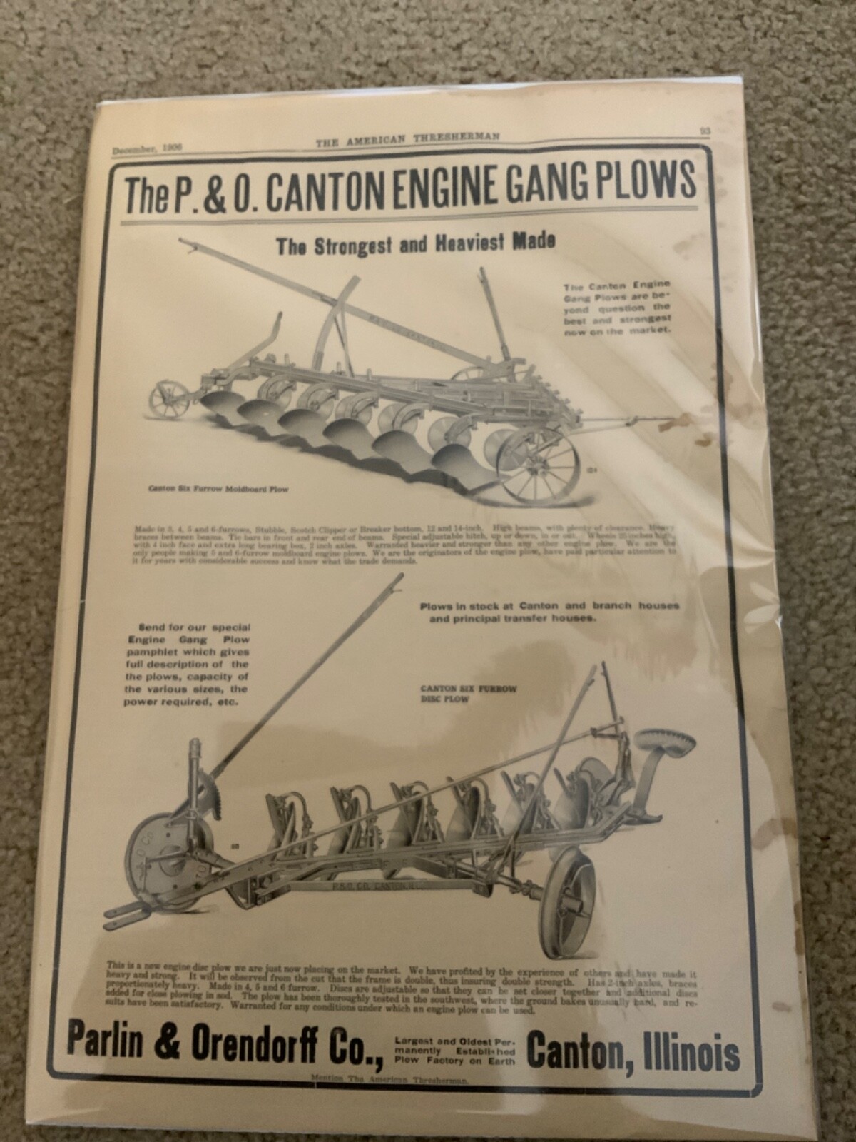 1906 Full Page Ad Parlin & Orendorff Canton, Illinois Engine Gang Plows