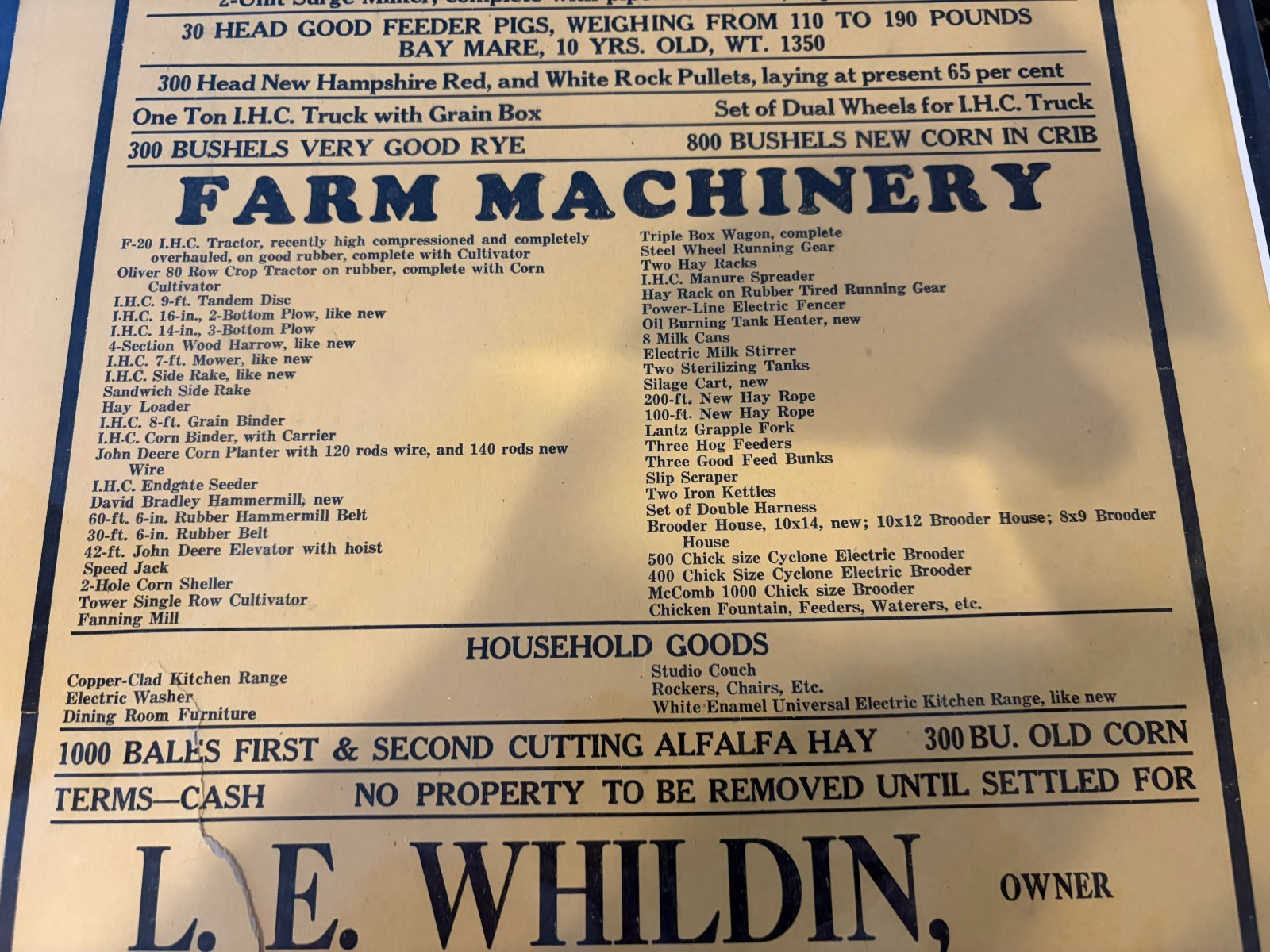Vintage 1946 Sale Bill Public Auction Sign Paper Farm Machinery Cows Illinois
