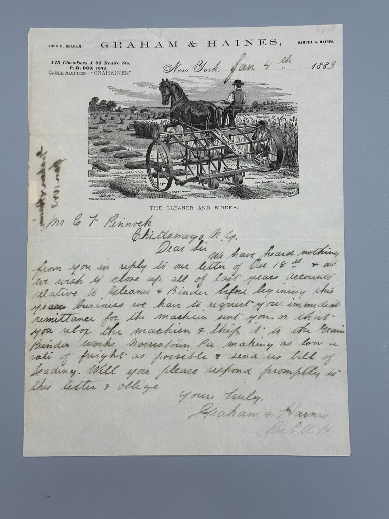 1883 GRAHAM & HAINES Gleaner Binder FARM Advertising Illustrated Letter Antique