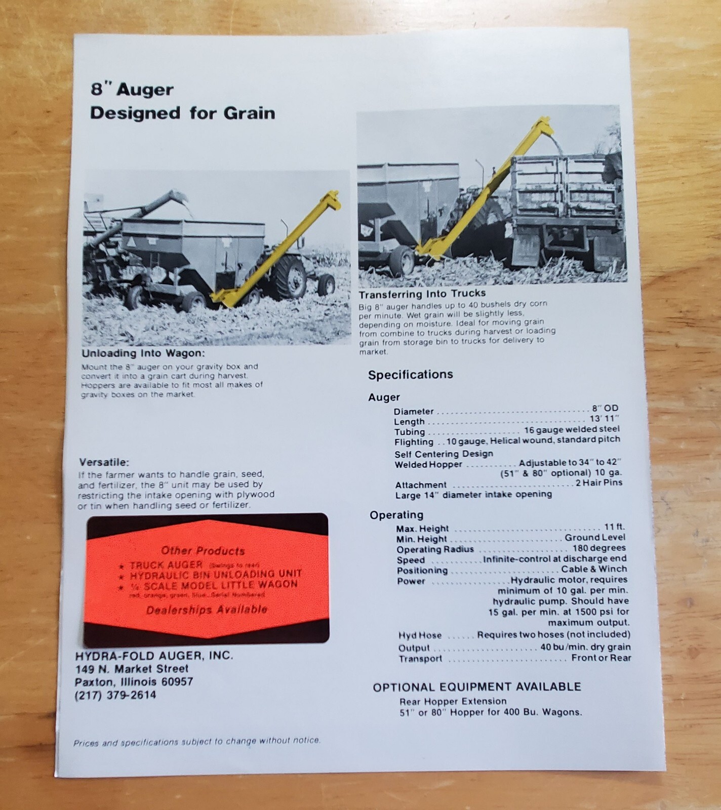 Hydra Fold Auger Sales Brochure Pamphlet Specifications 149 N Market Paxton IL