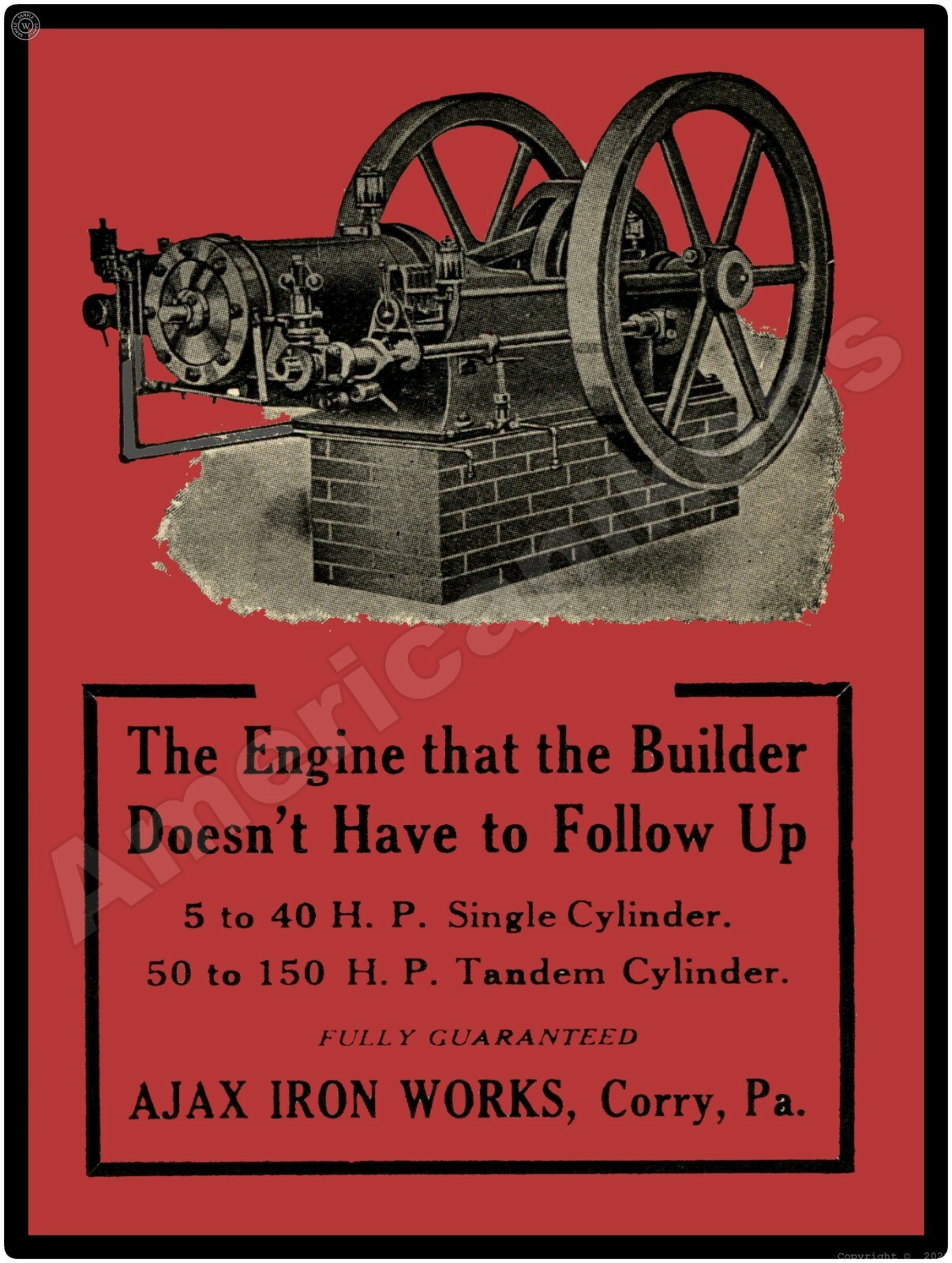 1910 Ajax Iron Works Gas Engines New Metal Sign: Corry, Pennsylvania