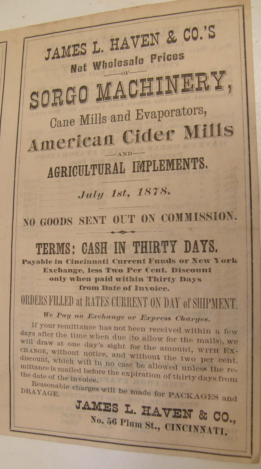 ANTIQUE 1878 AGRICULTURAL MACHINERY PRICE LIST JAMES HAVEN & CO CINCINNATI OH