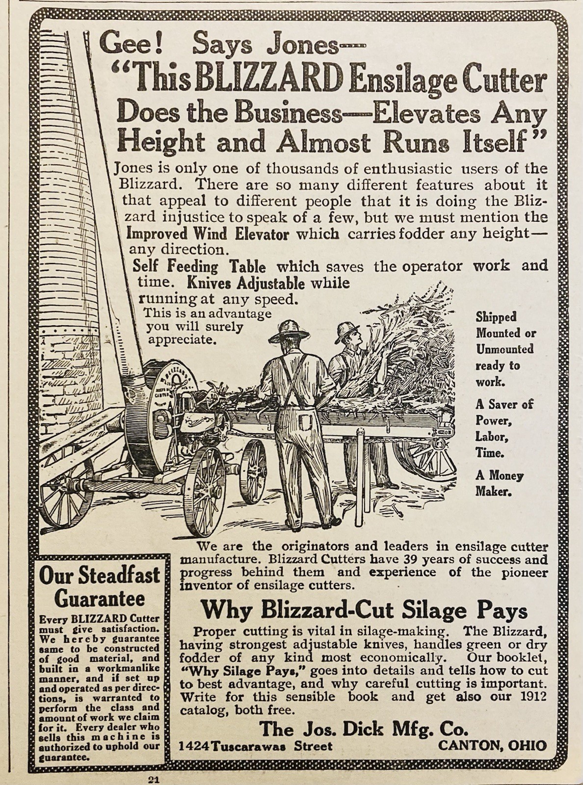 1912 AD.(XH87)~JOS. DICK MFG. CO. CANTON, OHIO. “BLIZZARD” ENSILAGE CUTTER