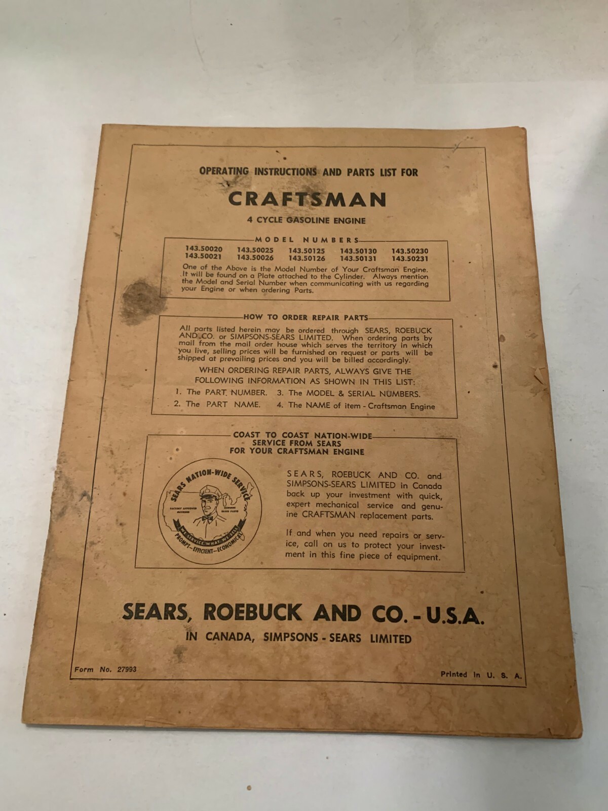 Vintage Sears Roebuck & Co Craftsman 4 Cycle Gasoline Engine Manual