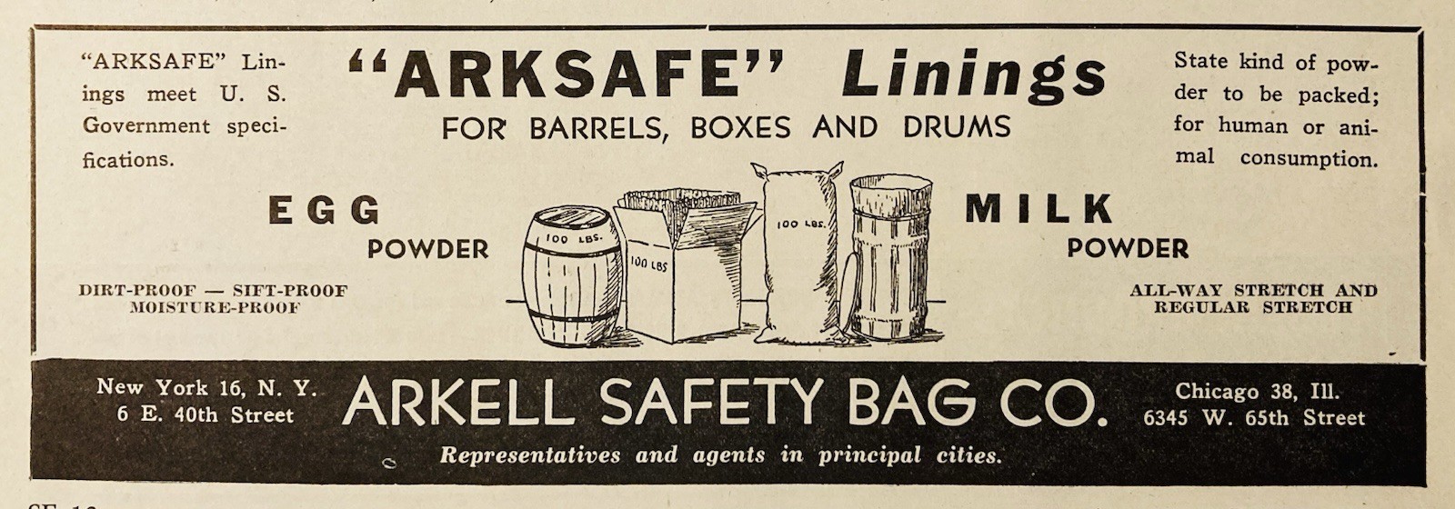 1946 AD.(XH85)~ARKELL SAFETY BAG CO. NYC. & CHICAGO. “ARKSAFE” BARREL LININGS