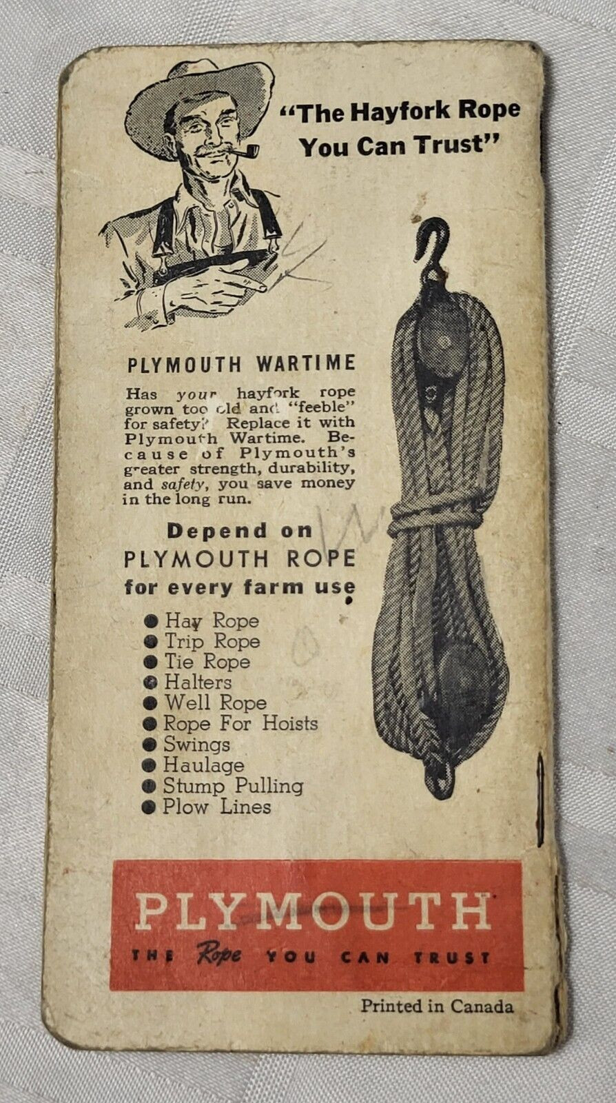 1940&rsquo;S PLYMOUTH TWINE POCKET NOTEBOOK CALENDAR ANTIQUE ADVERTISING FARMING ROPE